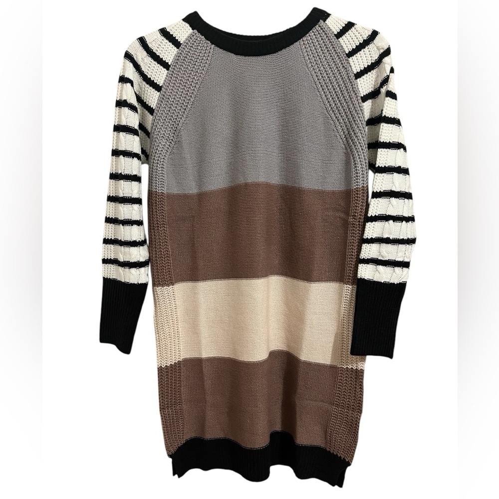 LuLaRoe Lauren Gray, Tan, Black and White Striped Dress size XS